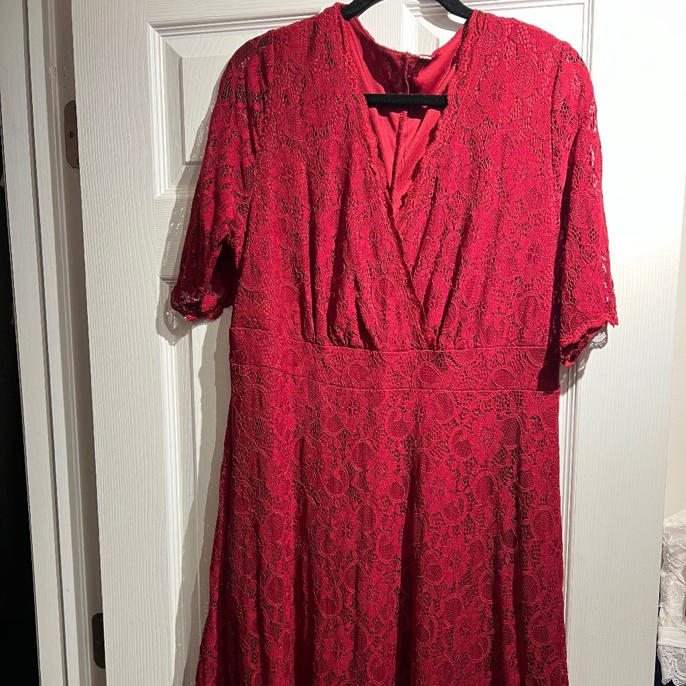 Lace wrap V neck dress in burgundy